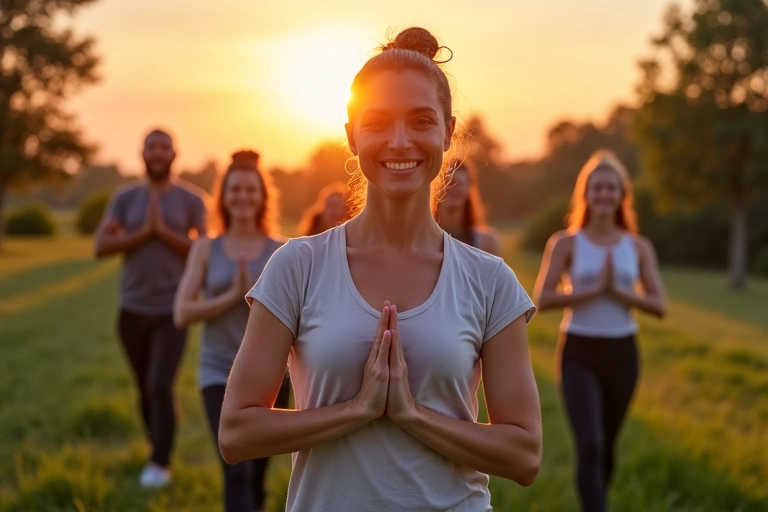 Grupo de personas sonriendo y haciendo yoga al aire libre en un entorno verde y tranquilo al atardecer.
