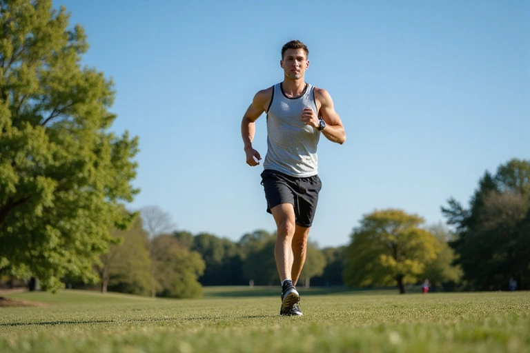 Hombre atlético corriendo al aire libre en un parque soleado, con un cielo azul de fondo y árboles verdes.