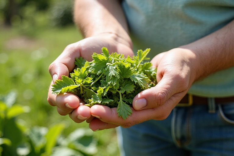 Mano de una persona mayor sosteniendo un puñado de hierbas frescas y coloridas en un jardín soleado.