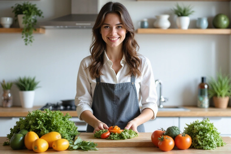 Mujer joven sonriendo mientras prepara una ensalada fresca con vegetales coloridos en una cocina moderna y luminosa.