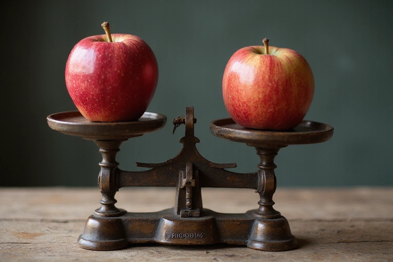 Una balanza de cocina antigua con pesas y una manzana, simbolizando el equilibrio y la verdad en la nutrición.
