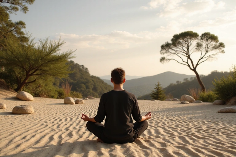 Una persona meditando tranquilamente en un jardín zen con piedras y arena rastrillada, bajo un cielo sereno.