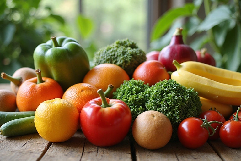 Variedad de frutas y verduras frescas y coloridas dispuestas artísticamente en una mesa de madera, con luz natural.