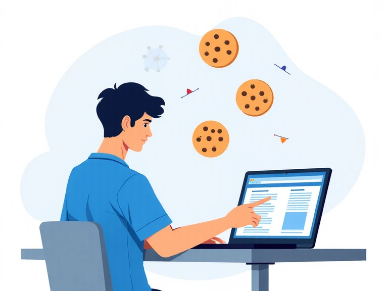 Ilustración de un usuario interactuando con un sitio web y cookies siendo almacenadas en su dispositivo