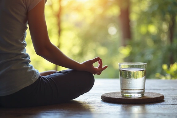 Imagen de persona meditando y vaso de agua