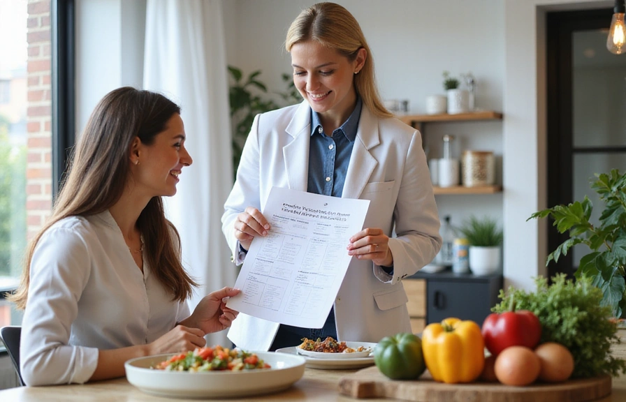 Nutricionista explicando un plan de alimentación a un paciente
