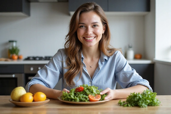 Mujer joven sonriendo mientras come una ensalada fresca