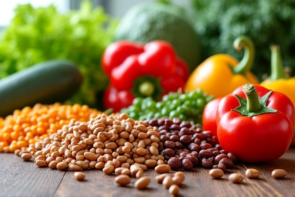 Variedad de vegetales frescos y legumbres, simbolizando dietas vegetarianas y veganas