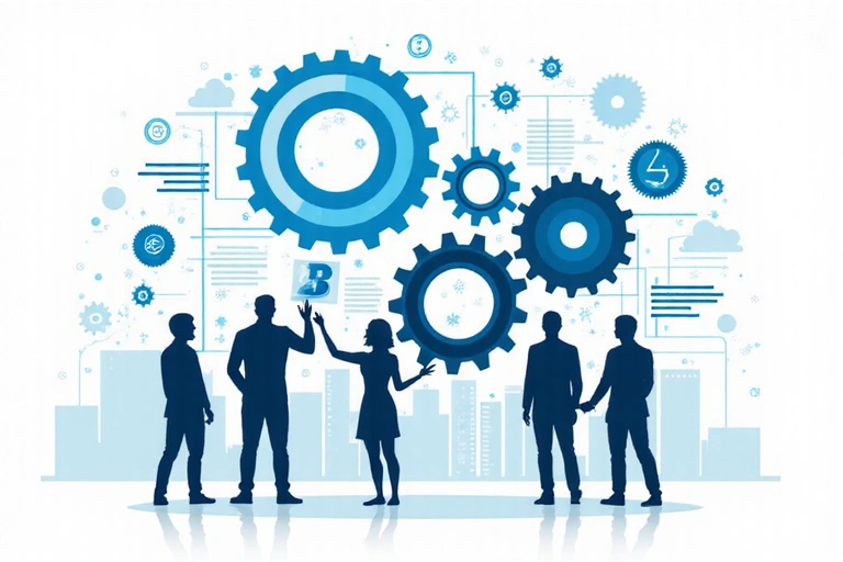 Ilustración de engranajes y personas, representando el procesamiento de datos y la mejora de servicios