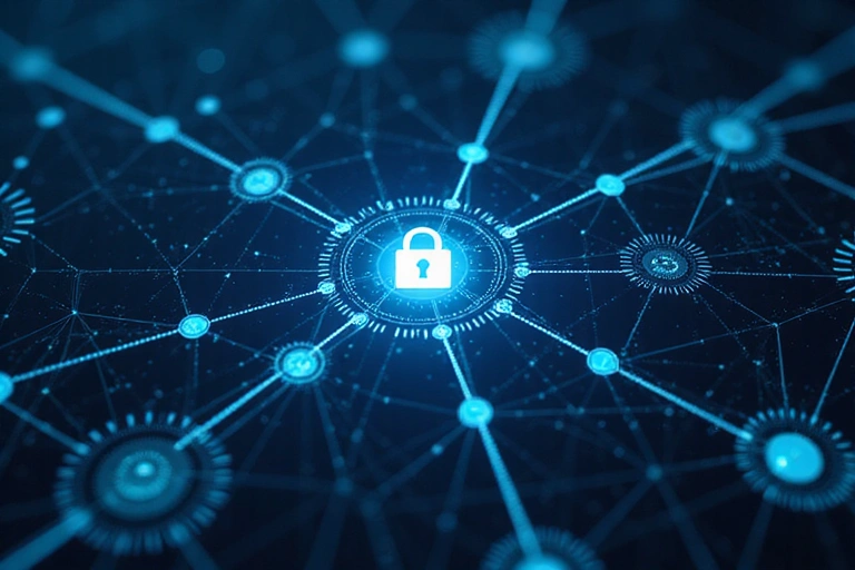 Ilustración de redes de datos y protección, simbolizando el intercambio seguro de información