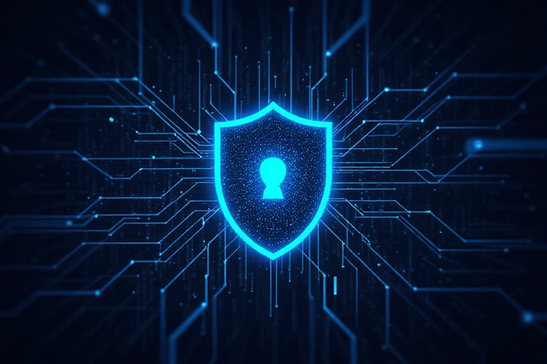 Ilustración de un escudo digital protegiendo información, con elementos de ciberseguridad