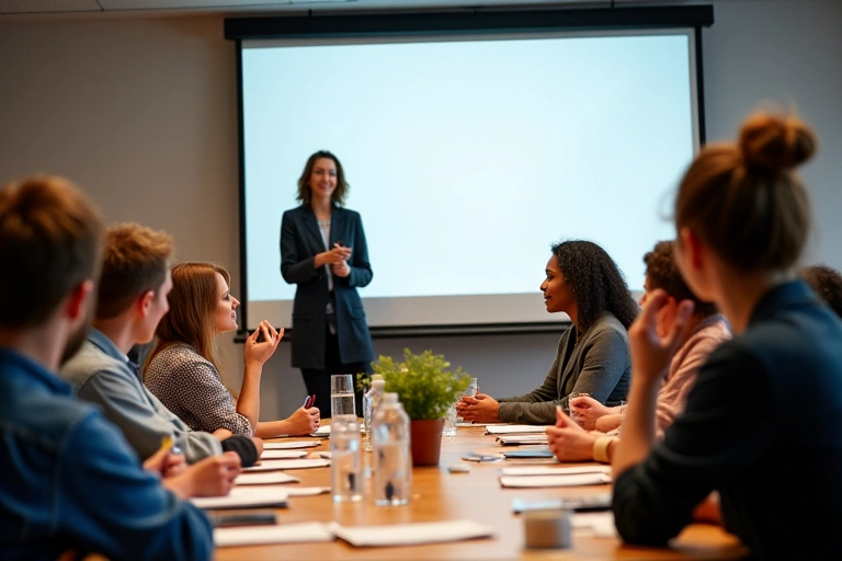 Un grupo de personas participando activamente en un taller de nutrición, con un nutricionista presentando información en una pantalla.