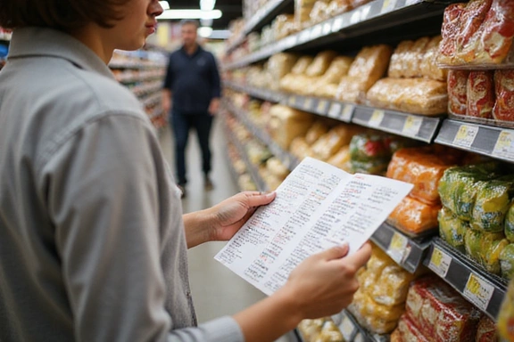 Una persona leyendo etiquetas de alimentos en un supermercado, enfocándose en una dieta específica para una condición de salud.