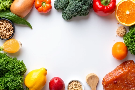 Variedad de alimentos saludables dispuestos en un plan de comidas bien organizado sobre una mesa de madera.