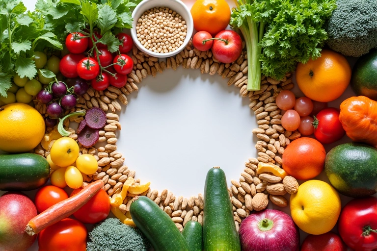 Mesa con alimentos frescos y coloridos, representando una dieta equilibrada