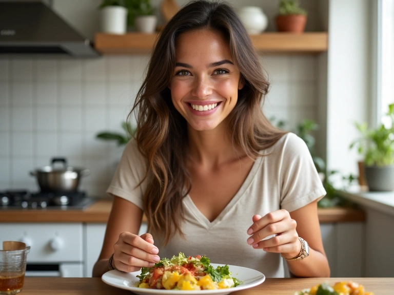 Mujer joven sonriendo y disfrutando de una comida saludable en un entorno relajado